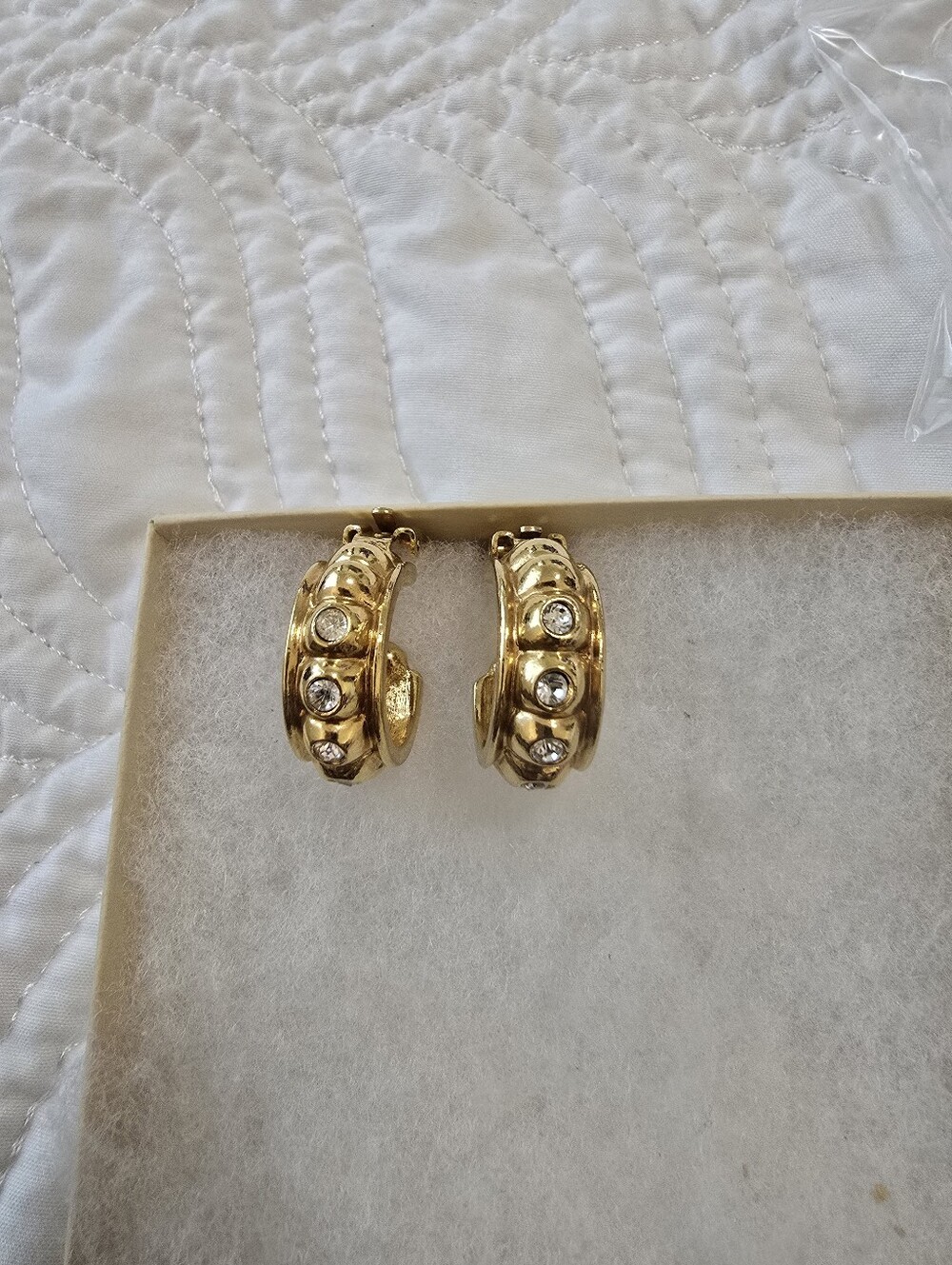Vintage Gold Toned Hoop Earrings with Crystal Stones - Clip Earrings.